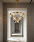 Luxury Glass Sphere Chandelier – 48 Inch Round Ceiling Light, Brass Finish, 6 E12 Bulbs LHB-004