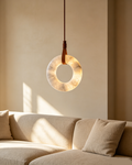 Modern Alabaster Leather Hanging Light – Round Stone Ceiling Pendant, 23.5" to 35.5" Diameter LHB-002