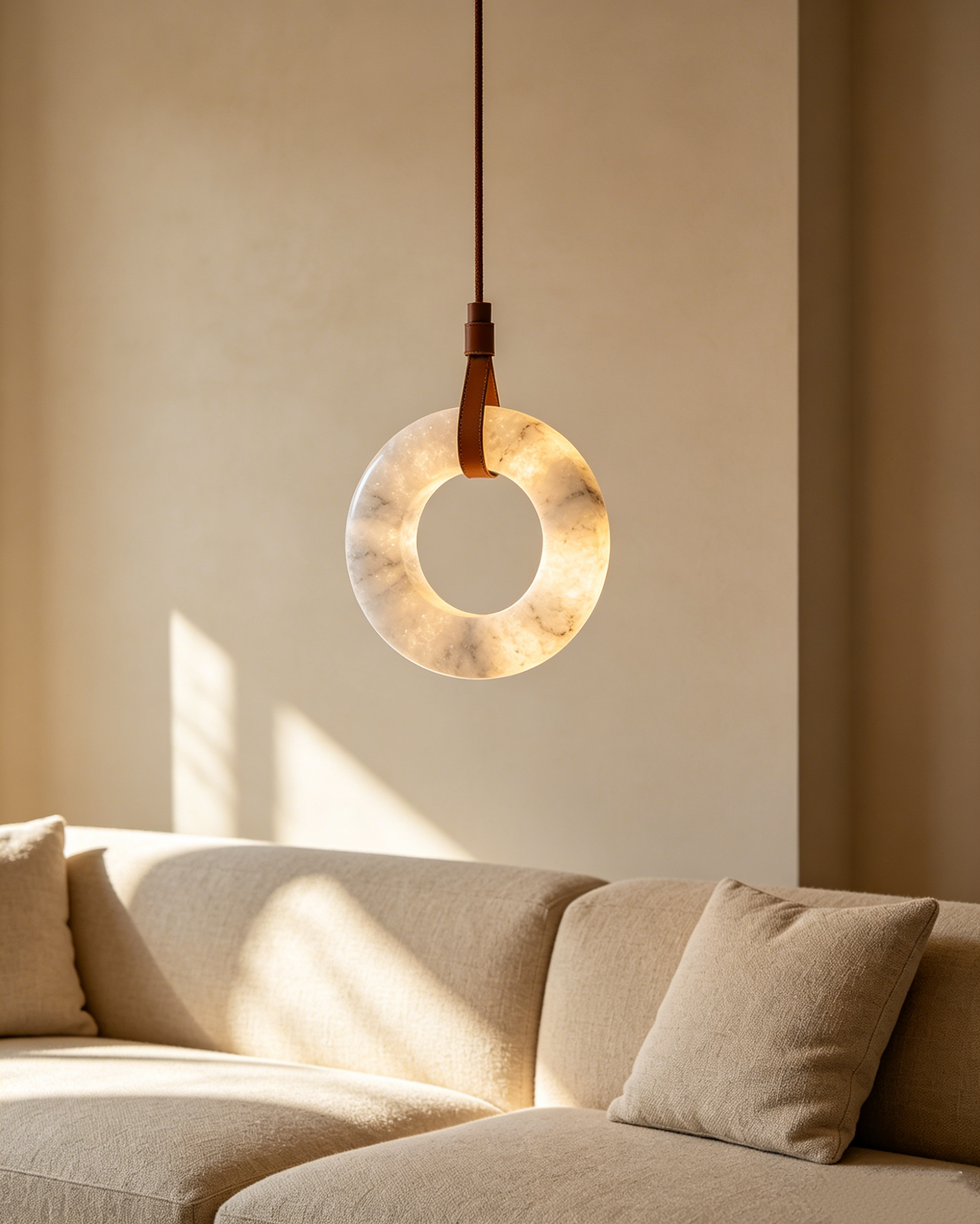 Modern Alabaster Leather Hanging Light – Round Stone Ceiling Pendant, 23.5" to 35.5" Diameter LHB-002
