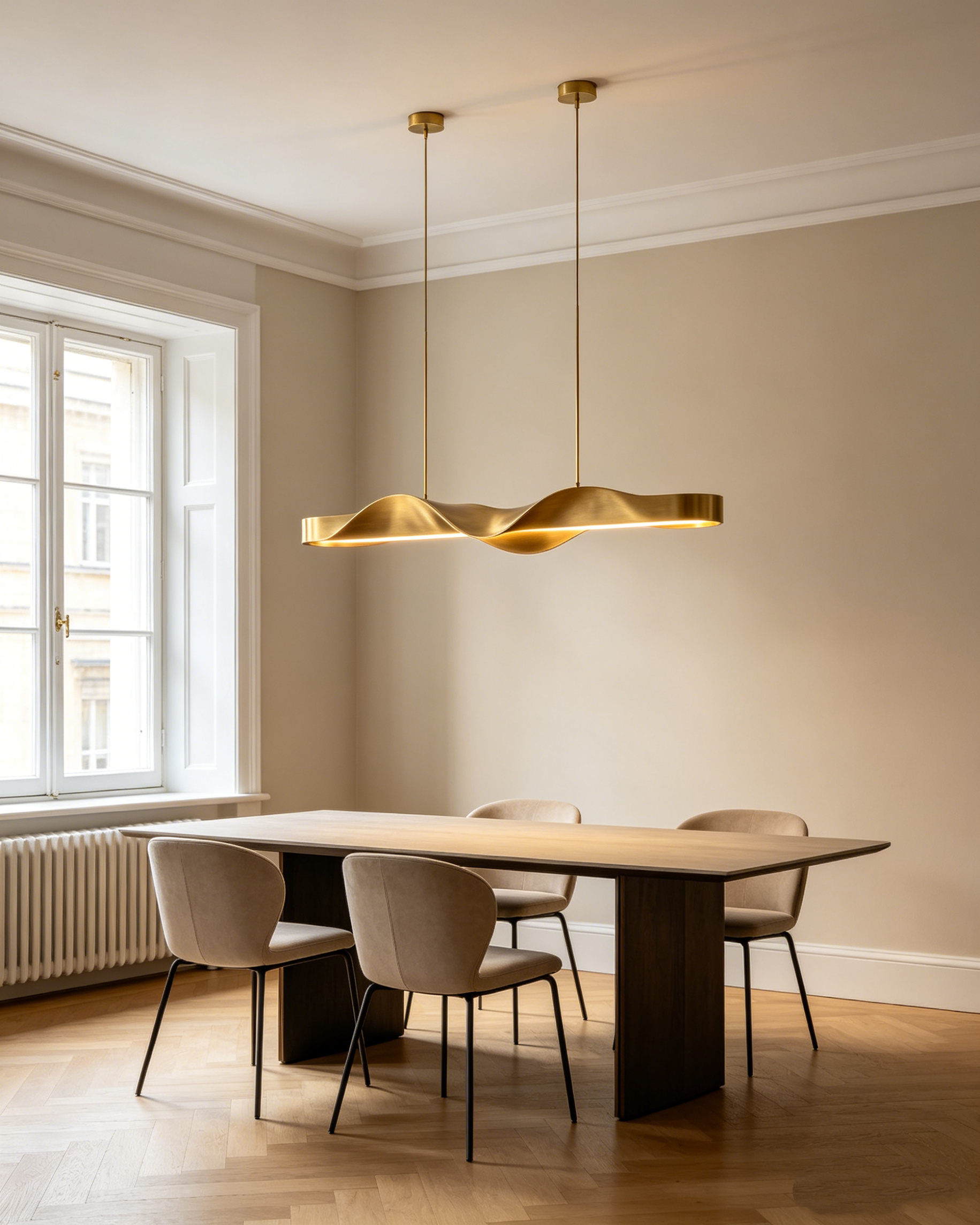Sculptural Wave Aluminum Hanging Light – Linear Kitchen Island Fixture, Brass Tone, 3 Lengths LHB-003